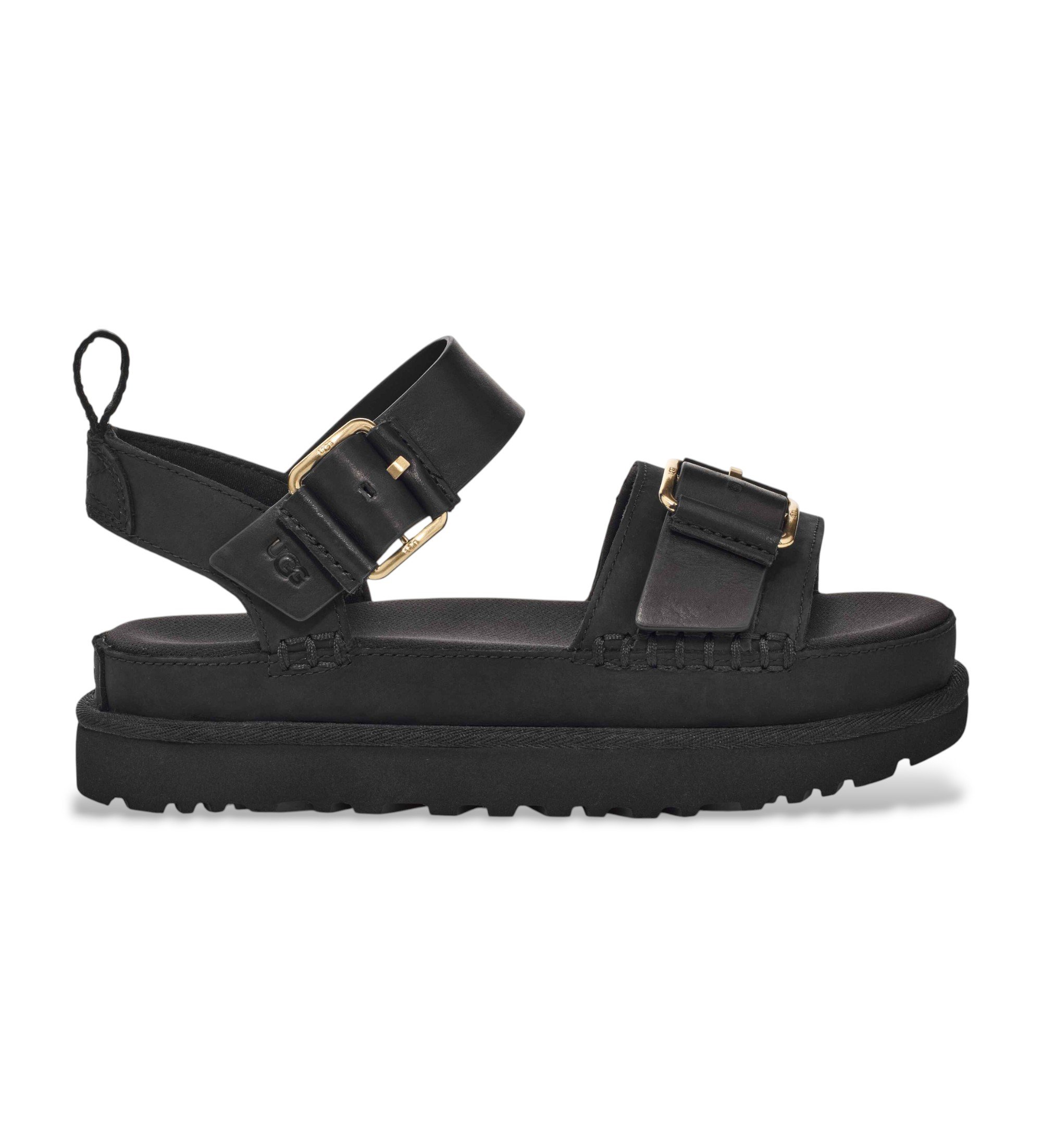 UGG für Damen. 1167392 Goldenstar Villa schwarze Ledersandalen (40), Wohnung, Schnalle, Lässig