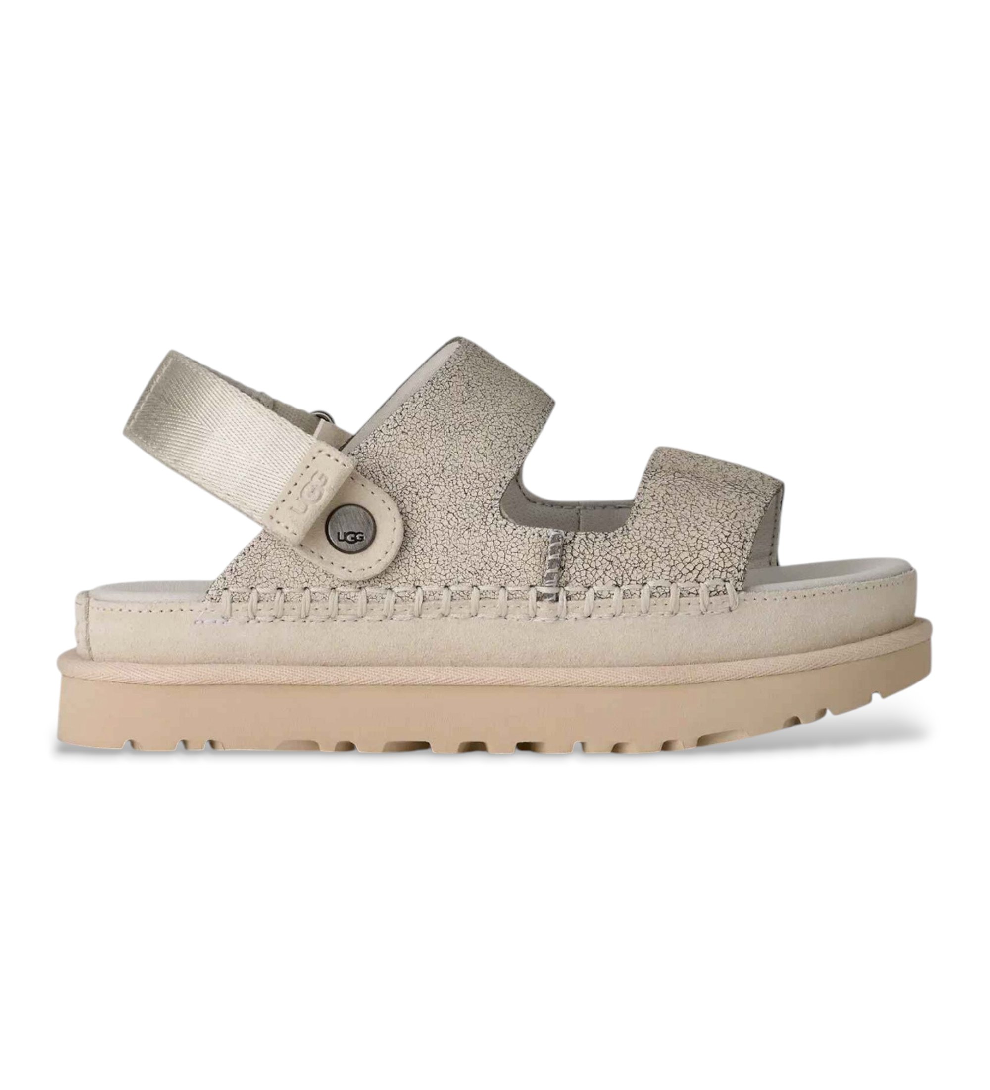 UGG für Damen. 1177852 Goldenstar Crackle Glide Sandalen in Taupe (37), Leder, 3 bis 5 cm, Klettverschluss, Lässig