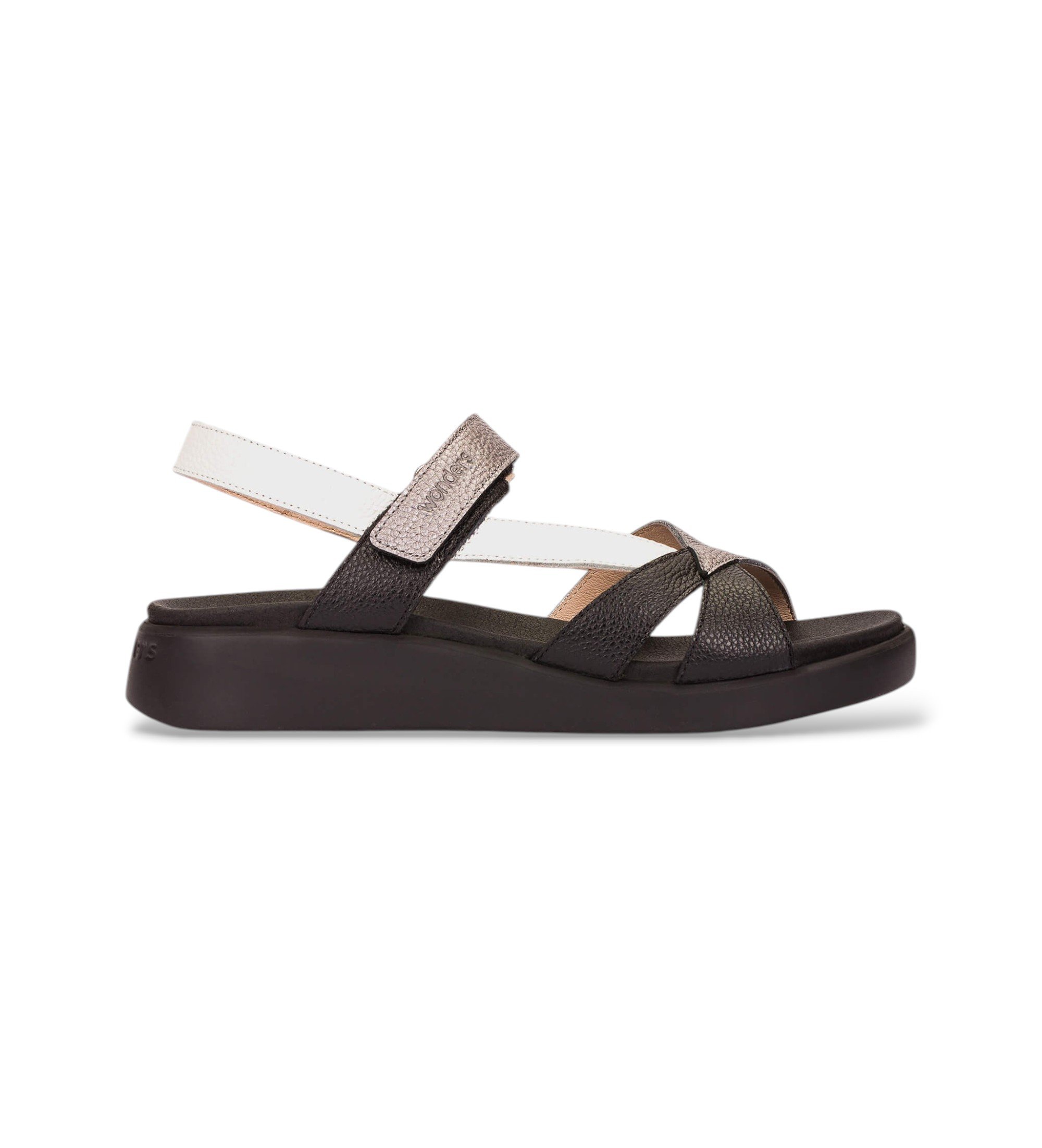 Wonders für Damen. C-6552 Schwarze mehrfarbige gekreuzte Sandalen (38), Leder, Wohnung, Klettverschluss, Lässig