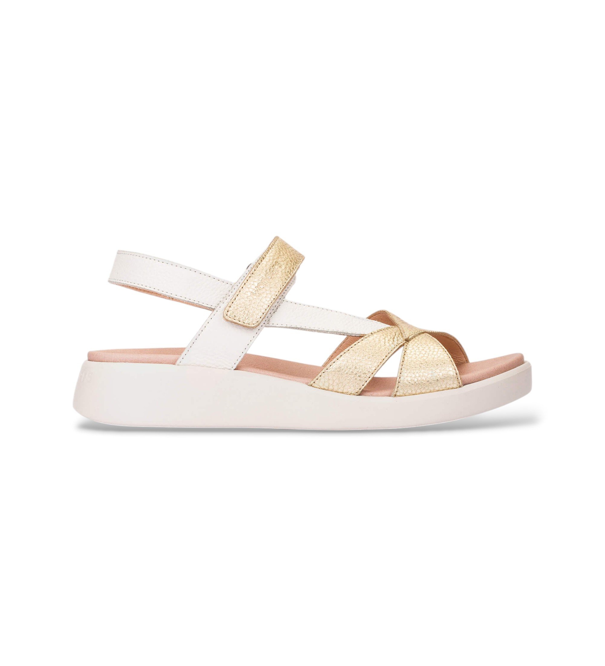 Wonders für Damen. C-6552 Mehrfarbige goldene gekreuzte Sandalen (36), Leder, Wohnung, Klettverschluss, Lässig
