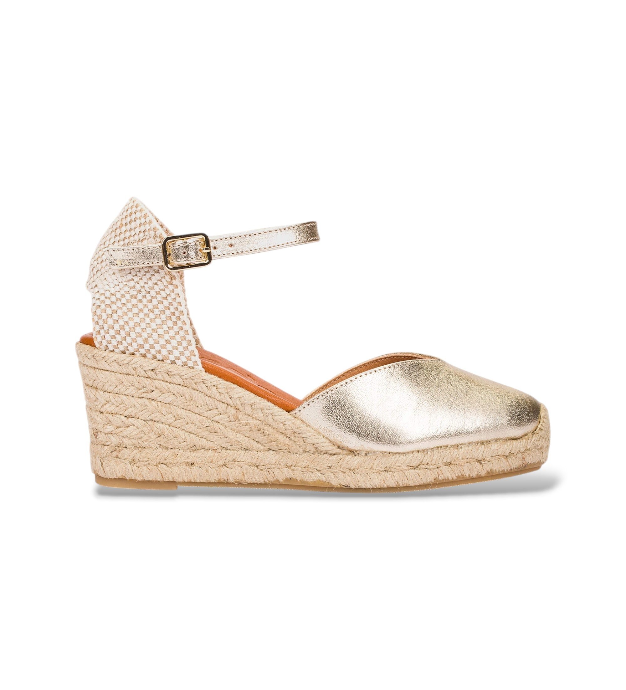 Wonders für Damen. YD-SI685 Goldene Keil-Espadrilles (42), Leder, Wohnung, 3 bis 5 cm, Schnalle, Lässig