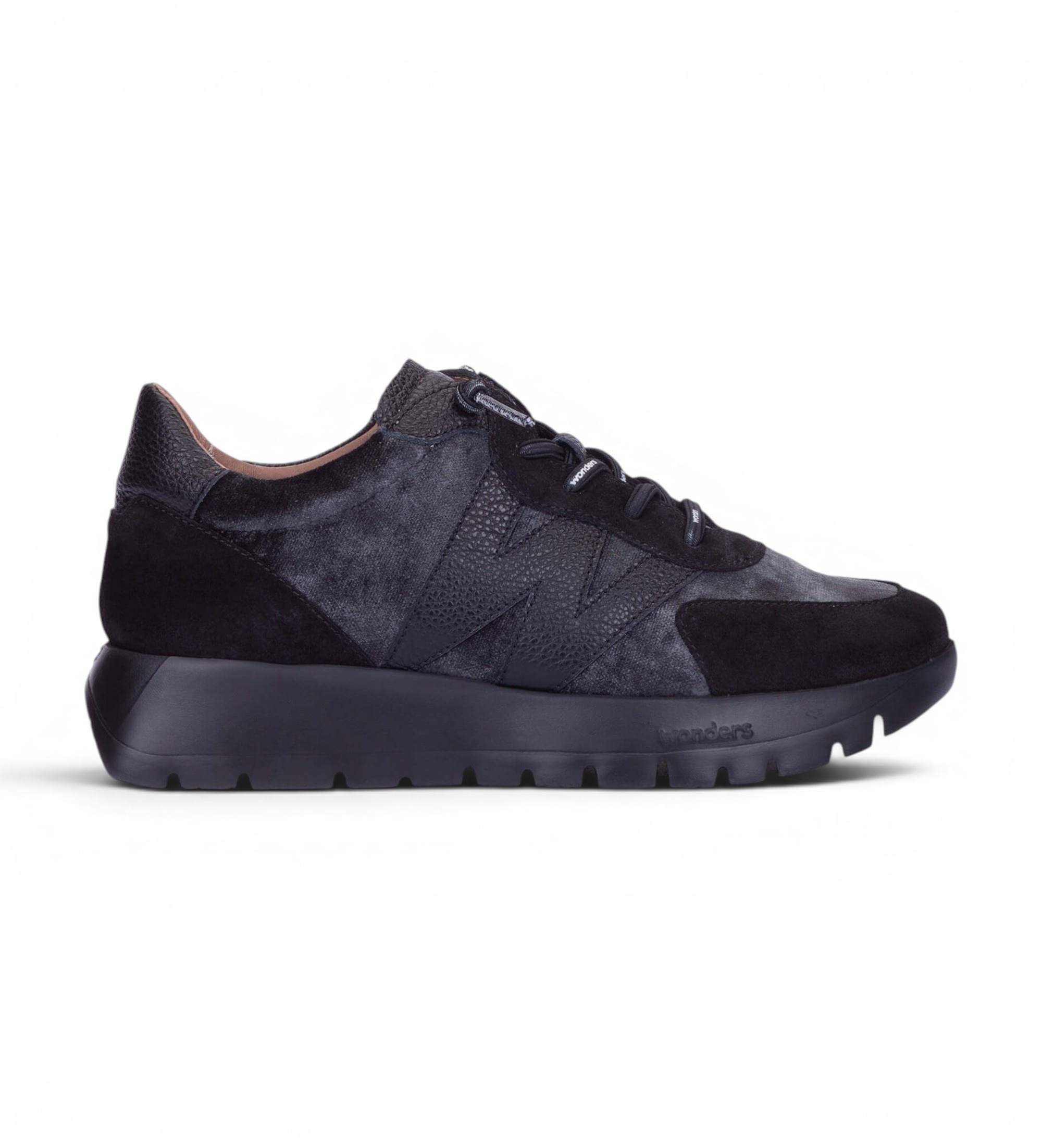 Wonders für Damen. A-24111 Leder-Sneaker Odisei01 schwarz (38), Wohnung, 1 bis 3 cm, Spaltleder, Schnürsenkel, Lässig