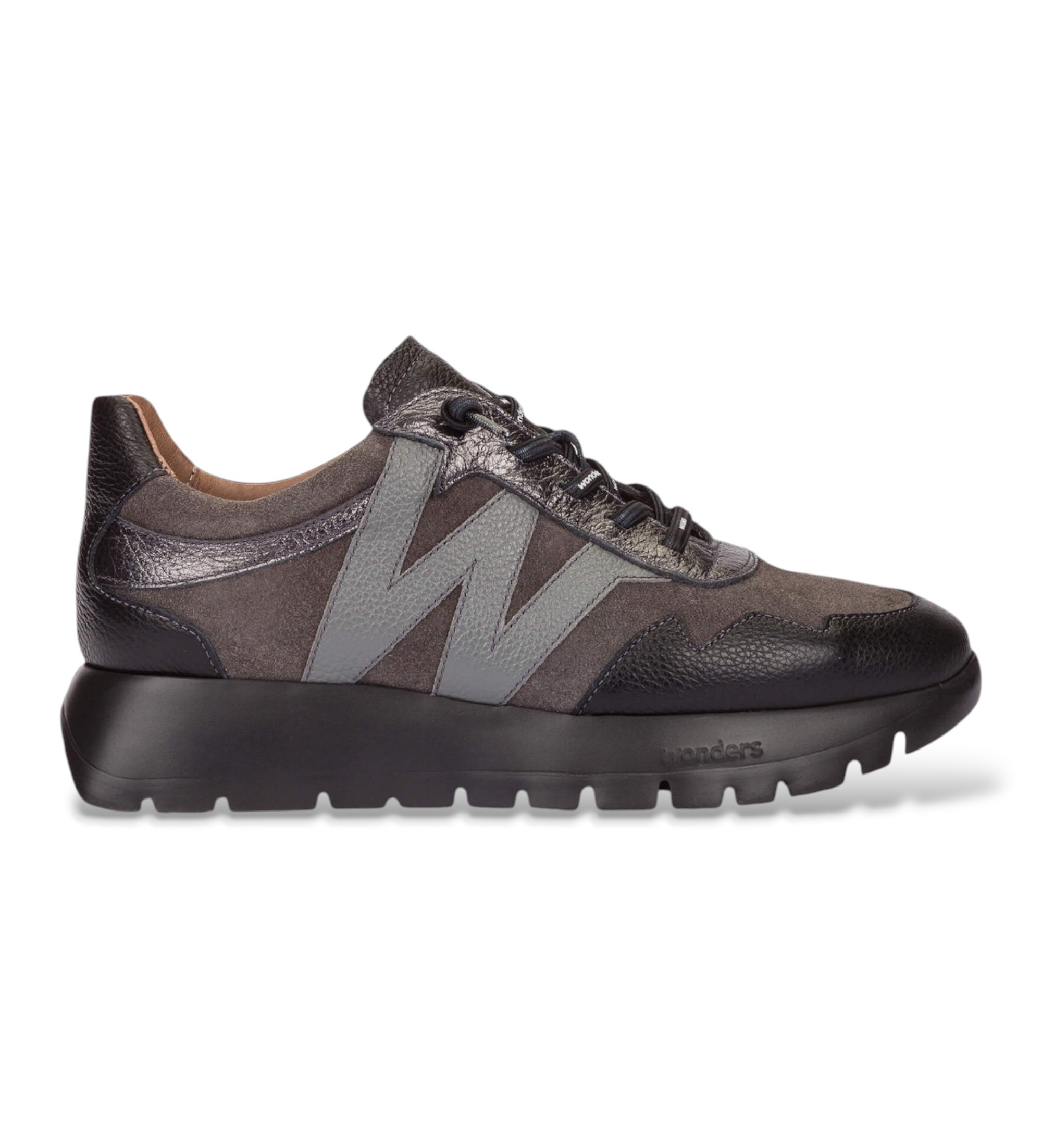 Wonders für Damen. A-24110 Leder-Sneaker Odisei grau (36), Schwarz, Wohnung, 1 bis 3 cm, Schnürsenkel, Lässig