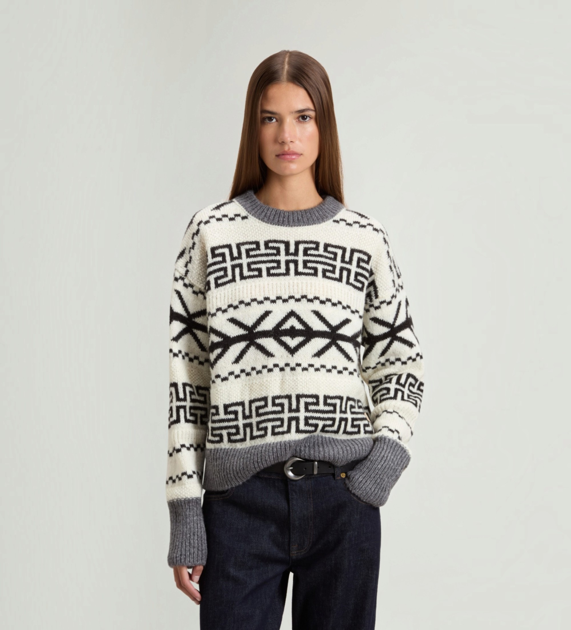 Woolrichvoor vrouwen. CFWWKN2066FRUF0573 Witte Fairisle jacquard trui (L), Casual, Grijs, Acryl