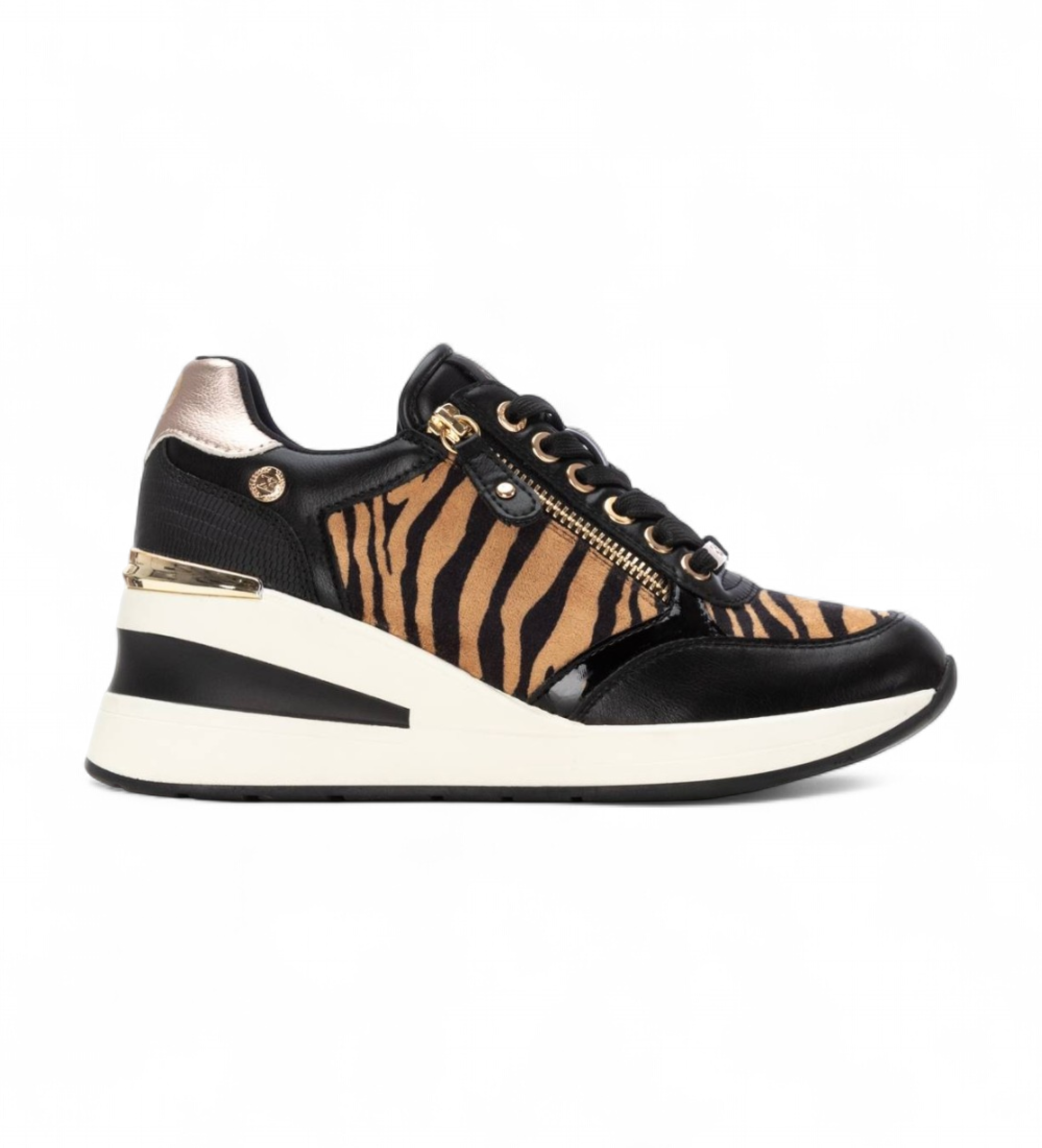 Xti für Damen. 14437802-CEBRA Turnschuhe 144378 schwarz (37), 3 bis 5 cm, Reißverschluss, Lässig, Tierdruck