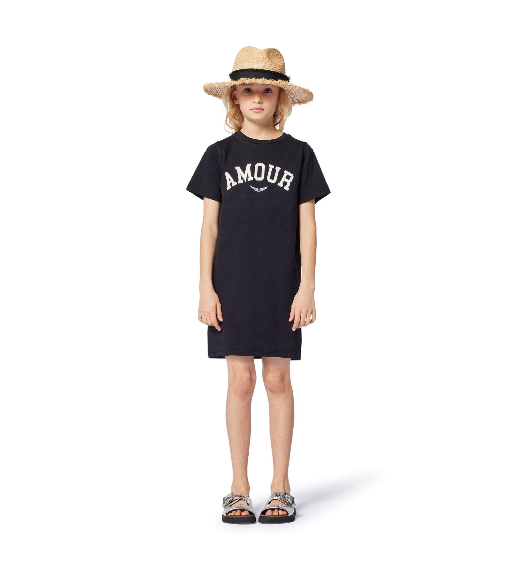Zadig & Voltaire Unisex für Kinder. X60336 Kleid im T-Shirt-Stil mit schwarzem Slogan-Aufdruck (4Y= 102cm), Lässig, Kurzarm, Kinderbekleidun