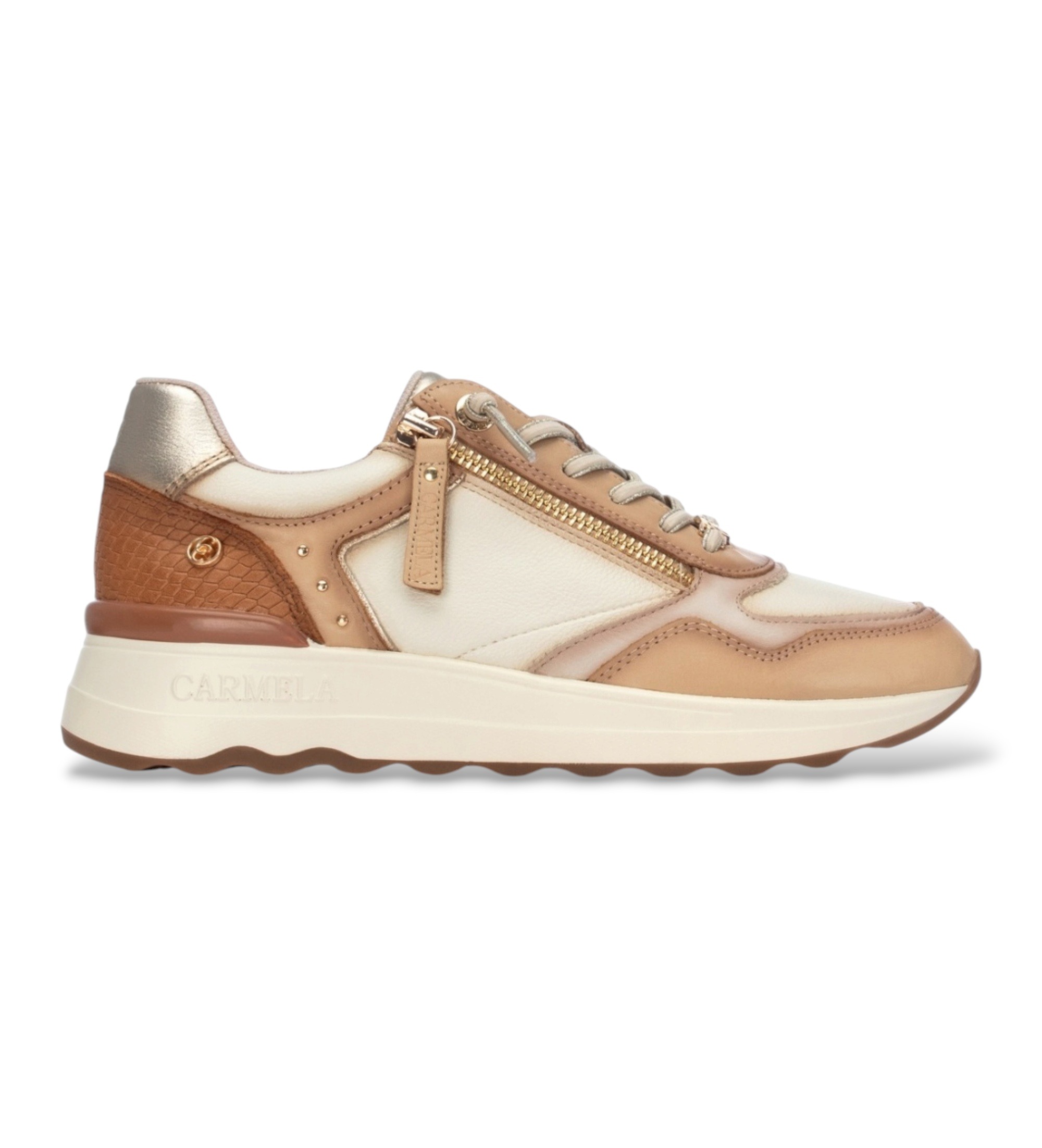 Carmela für Damen. 16422101-BEIGE Beige Ledersneaker 164221 (38), 3 bis 5 cm, Reißverschluss, Lässig