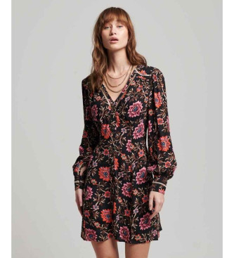 Superdry para mujer. W8011499A Minivestido de té estampado con escote de pico negro (M), Casual, Viscosa, Manga larga