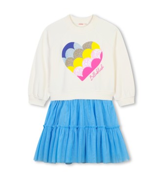 Billieblush para niña. U20515 Vestido bimaterial beige, azul (5Años= 108cm), Casual, Poliéster, Manga larga, moda infantil