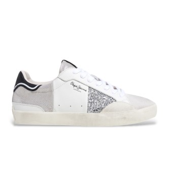 Pepe Jeans para mujer. PLS31598 Zapatillas de piel Lane blanco, plateado (38), Plata, Plano, Ante, Cordones, Casual