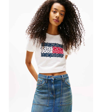 Tommy Jeans para mujer. DW0DW20897 Camiseta con logo floral blanco (M), Casual, Manga corta, Algodón Orgánico, Sostenible