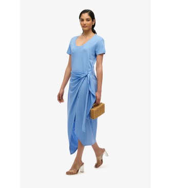 Superdryvoor vrouwen. W8011944A Midi-jurk blauw gevlamd cross-over (M), Casual, Katoen, Korte mouwen