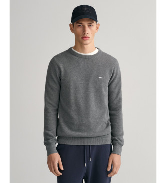 Gantvoor mannen. 8040521 Trui met grijze katoenen piqué ronde hals (4XL), Casual, Grijs