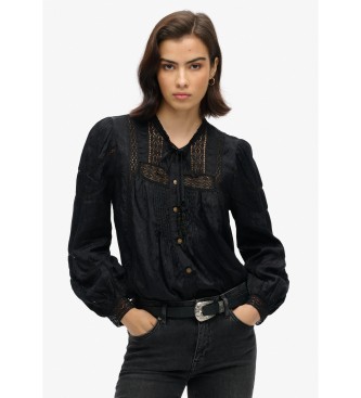 Superdryvoor vrouwen. W6011946A Kanten blouse met lange mouwen zwart (M), Casual, Katoen