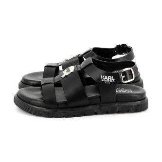 Karl Lagerfeld para niña. Z30372 Sandalias de piel negro (34), Plano, Hebilla, Casual, moda infantil