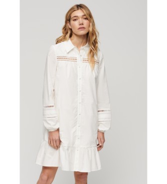 Superdry para mujer. W8011625A Vestido camisero con mezcla de encaje blanco (M), Casual, Algodón, Manga larga