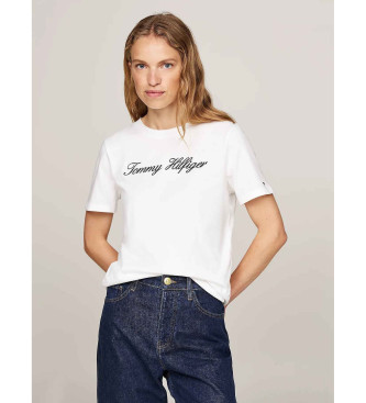 Tommy Hilfiger para mujer. WW0WW43459 Camiseta con logo blanco (S), Casual, Manga corta, Algodón Orgánico, Sostenible