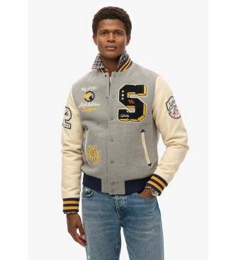 Superdry para hombre. M5012082A Cazadora bómber con insignia universitaria gris (M), Casual, Lana