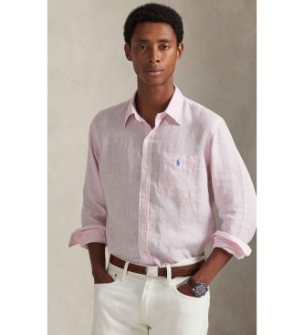 Polo Ralph Laurenvoor mannen. 710P07024001 Custom Fit linnen overhemd met roze strepen (L), Casual, Vlas, Klassiek, Lange mouwen