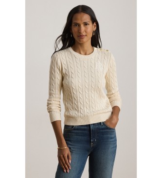 Lauren Ralph Lauren para mujer. 200P14039003 Jersey en punto de ochos con botones beige (L), Casual, Viscosa, Manga larga