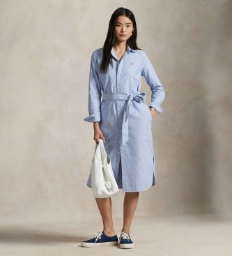 Polo Ralph Lauren para mujer. 211928804002 Vestido camisero de algodón con cinturón azul (34), Casual, Manga larga
