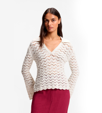 Boss V-neck sweater in an open-knit cotton blend stickade tröjor dam – bild 5