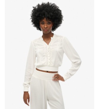 Superdry para mujer. W6011796A Blusa Lace Trim Smocked blanco (L), Casual, Algodón, Manga larga