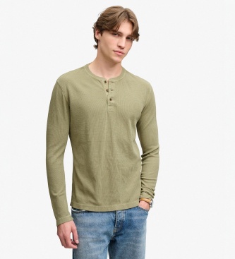 Superdry para hombre. M6010975A Camiseta Henley Waffle caqui (L), Casual, Verde, Algodón, Manga larga