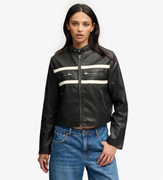 Superdry para mujer. W5012233A Chaqueta de efecto piel Moto negro (L), Casual, Poliéster