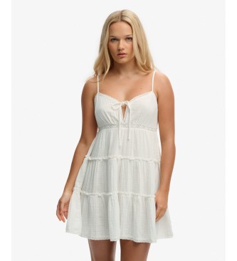 Superdry para mujer. W8012115A Vestido mini escalonado de gasa blanco roto (L), Casual, Sin mangas / Tirantes