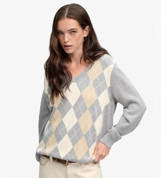 Superdry para mujer. W6110763A Jersey Argyle gris (L), Casual, Algodón, Clásico