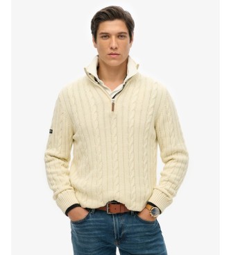 Superdry Jersey con media cremallera Cotton Classic Cable 1/2 blanco crema