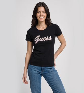 Guess Per Donna. W6YI56K5028 Maglietta Logo Paillettes Sfumato Nero (S), Casual, Cotone, Manica Corta