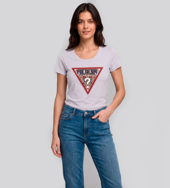 Guess Per Donna. W6YI25K4344 T-Shirt Triangolo Paisley Manica Corta Bianca (L), Bianco, Casual, Cotone