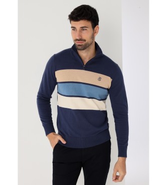 Jersey a rayas cuello Perkins con cremallera marino (M), Casual, Algodón