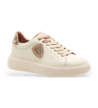 Blauervoor vrouwen. F5VENUS01 Leren gympen met beige logo (37), Leer, 1 tot 3 cm, Veters, Casual