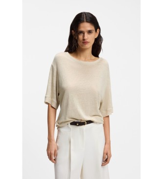 BOSS para mujer. 50556387 Camiseta de lino logo bordado beige (XL), Casual, Manga corta