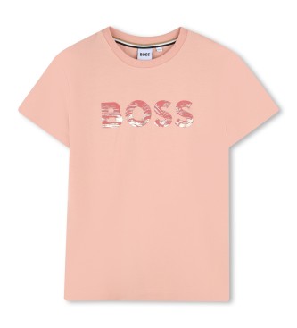 BOSS para niña. J52426 Camiseta Flor rosa (16años= 174cm), Casual, Algodón, Manga corta, moda infantil