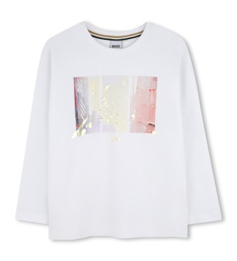 BOSS para niña. J52421 Camiseta Look blanco (6años= 114/119cm), Casual, Algodón, Manga larga, moda infantil