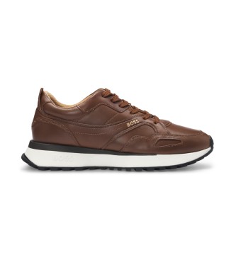 BOSS para hombre. 50536486 Zapatillas inspiradas en las zapatillas de correr con empeines de piel bruñida marrón (42), Plano, Cordones, Casu