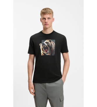 BOSS para hombre. 50558965 Camiseta de punto de algodón con ilustración animal negro (XXL), Casual, Manga corta