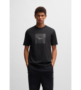 BOSS para hombre. 50538096 Camiseta de punto de algodón con logo de diseño en líneas finas negro (L), Casual, Manga corta