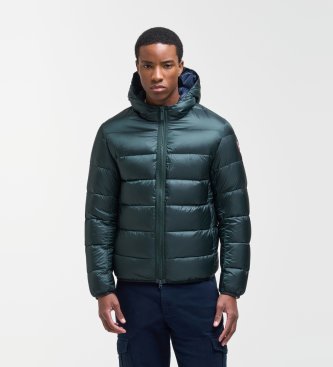 Fjäderjacka med kontrasterande grön luva