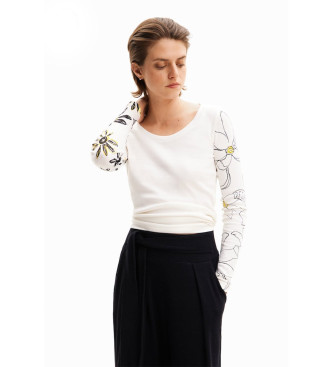 Desigual para mujer. 24SWTKAC Camiseta canalé flores blanco (L), Casual, Algodón, Manga larga, Desigual outlet 2024.