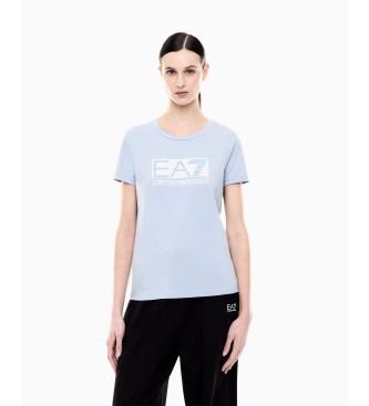 EA7 för kvinnor. 7W001093_AF10373 Bomullstrikå t-shirt med blå logotyp (L), Casual, Kort ärm