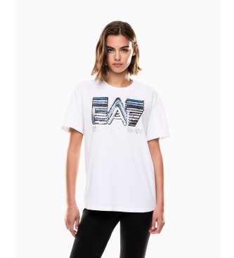 EA7 para mujer. 7W000724_AF12957 Camiseta de punto con lentejuelas Logo Series blanco (XS), Casual, Algodón, Manga corta