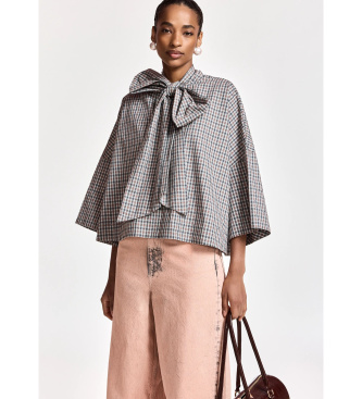 Essentiel Antwerp KEFIR Blusa a cuadros con lazo y mangas trompeta marrón