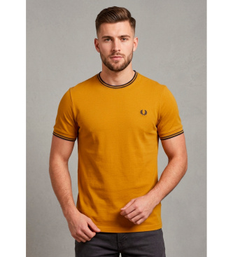 Fred Perry para hombre. M1588 Camiseta con ribete con dos franjas marrón (M), Casual, Algodón, Manga corta