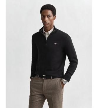 Gant For Man. 8030564 Black Classic Cotton Half-Zip Jumper (M), Casual, Short Sleeve