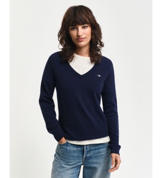 Gant för kvinnor. 4805262 V-ringad tröja i extra fin marinblå lammull (XXL), Casual, Marino